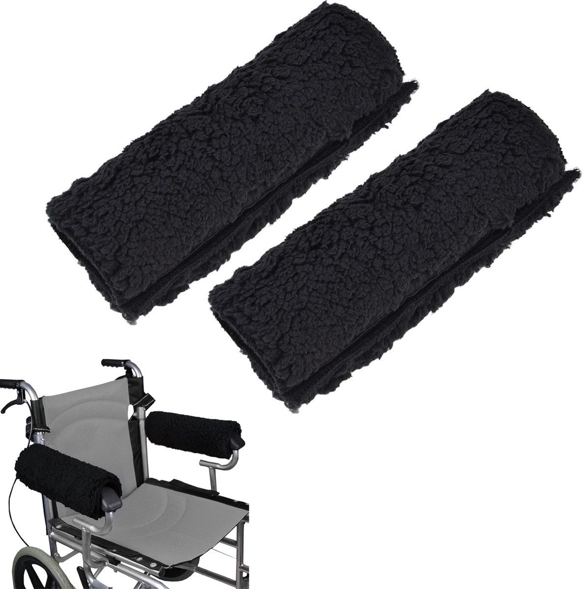 Black Memory Foam Wheelchair Armrest Cushion Covers 2 Pack, Synthetic Sheepskin Pressure Relief for Seniors Adults, Compatible with Standard Wheelchairs and Office Chairs - Image 1