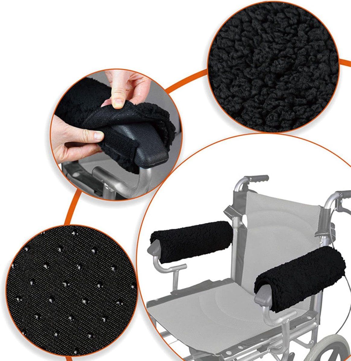 Black Memory Foam Wheelchair Armrest Cushion Covers 2 Pack, Synthetic Sheepskin Pressure Relief for Seniors Adults, Compatible with Standard Wheelchairs and Office Chairs - Image 4