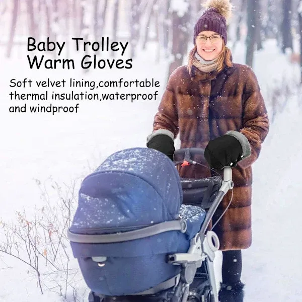 Warm Fleece Lined Stroller Gloves with Waterproof Oxford Outer, Universal Size with Snap Button Design for Easy Attachment to Stroller Handlebars for Winter Walks - Image 2