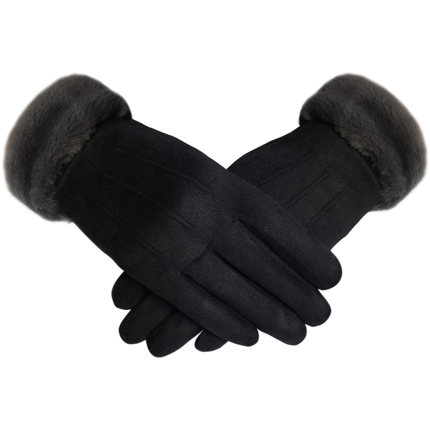 Women's Elegant Faux Suede Winter Gloves with Cozy Fleece Lining and Faux Fur Cuff, Touchscreen Compatible Right Index Finger, Available in 9 Attractive Colors - Image 1
