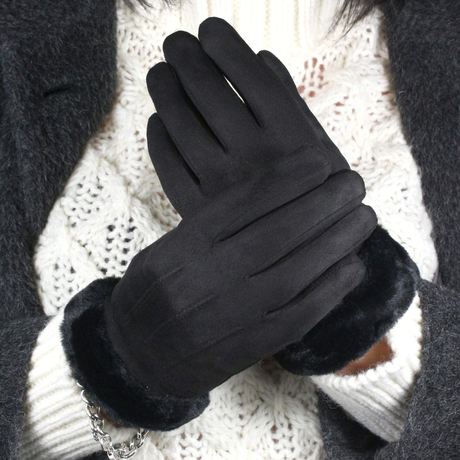 Women's Elegant Faux Suede Winter Gloves with Cozy Fleece Lining and Faux Fur Cuff, Touchscreen Compatible Right Index Finger, Available in 9 Attractive Colors - Image 2