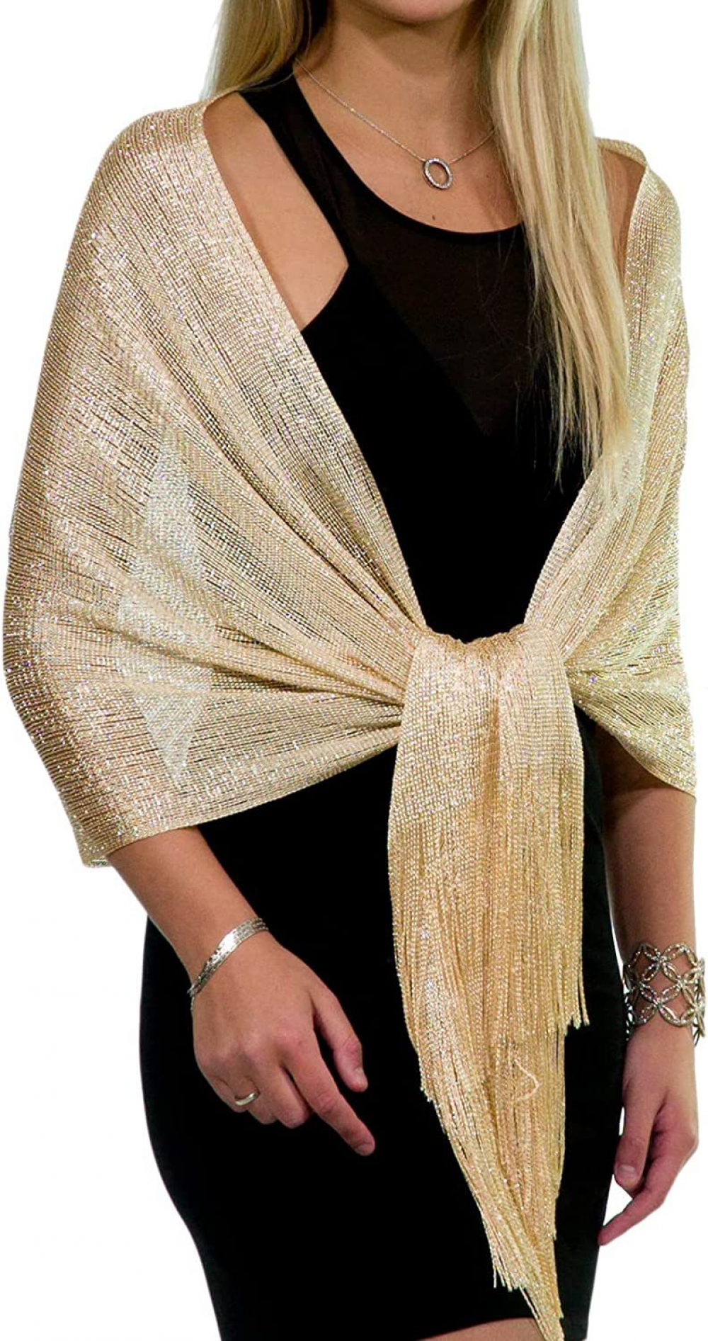 Gold European Style Silk Scarf Tassel Shawl for Women 50x164 cm, Lightweight with Silver Glitter Thread, Perfect for Evening Parties and Formal Events - Image 1