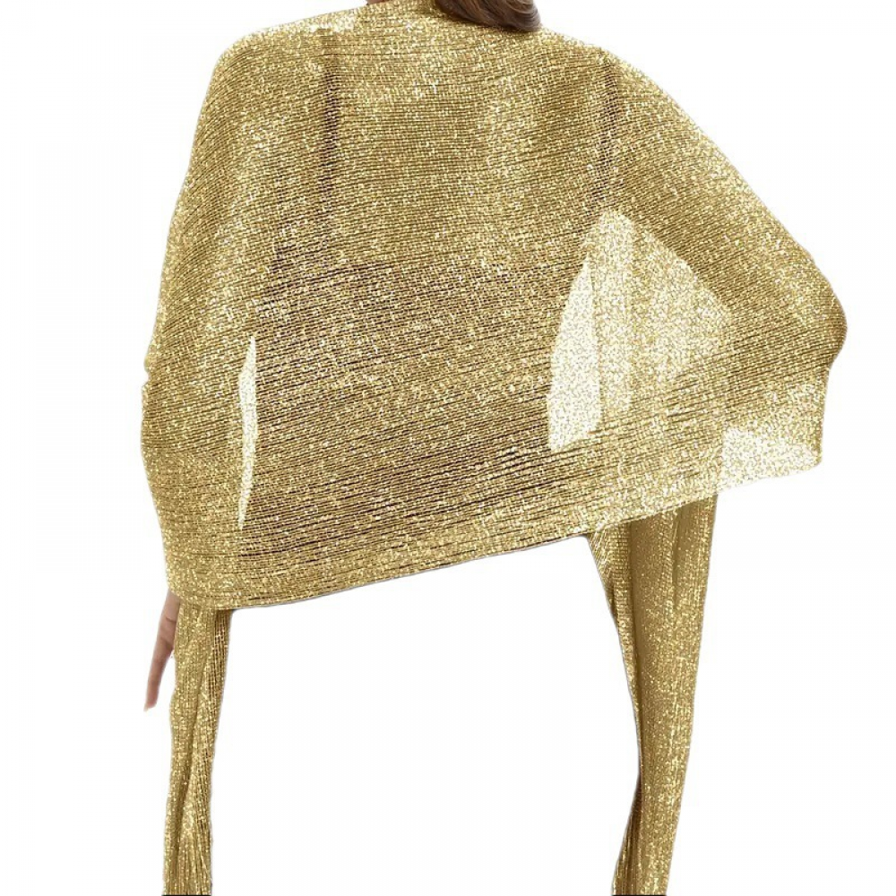 Gold European Style Silk Scarf Tassel Shawl for Women 50x164 cm, Lightweight with Silver Glitter Thread, Perfect for Evening Parties and Formal Events - Image 2