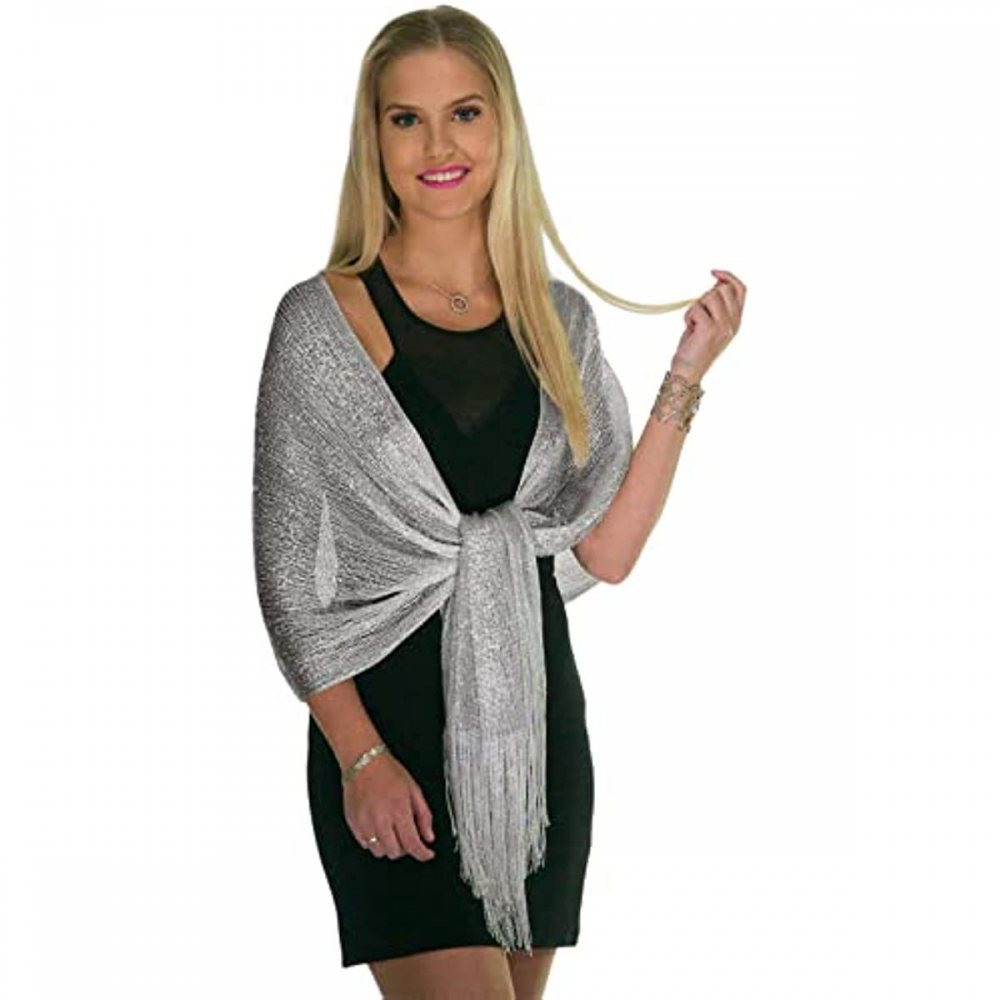 Gold European Style Silk Scarf Tassel Shawl for Women 50x164 cm, Lightweight with Silver Glitter Thread, Perfect for Evening Parties and Formal Events - Image 4
