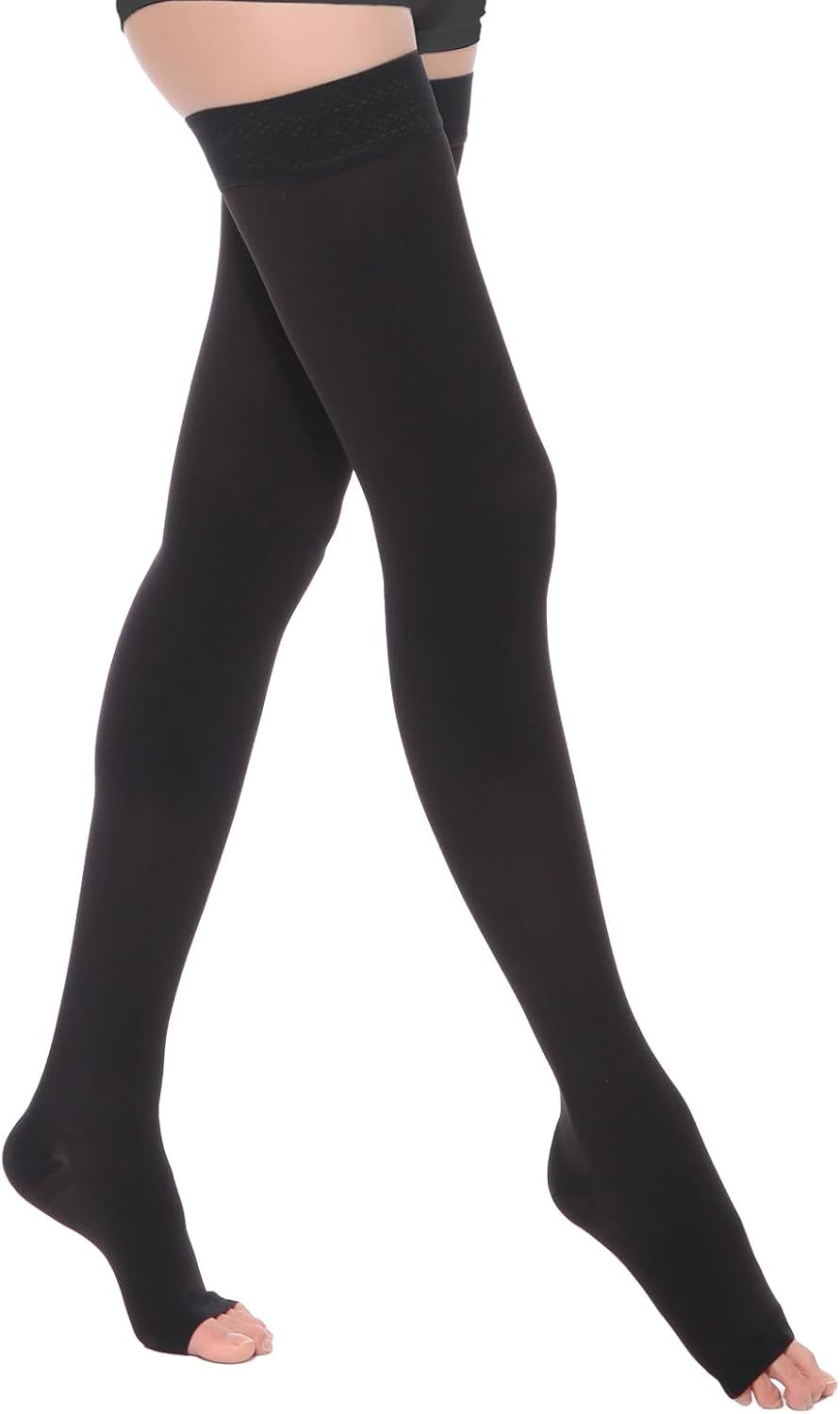 Thigh High Compression Socks for Women Men 23-32 mmHg Open Toe, Level 2 Support for Varicose Veins Edema, Breathable Cotton Spandex with Silicone Dotted Bands - Image 1