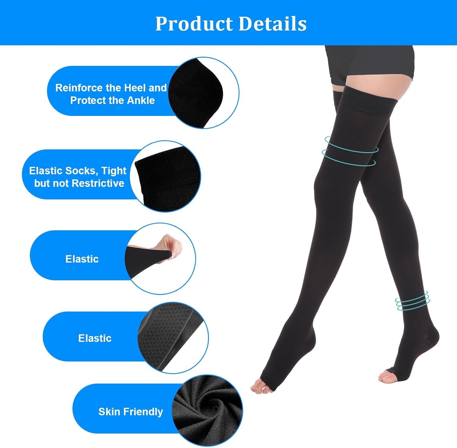 Thigh High Compression Socks for Women Men 23-32 mmHg Open Toe, Level 2 Support for Varicose Veins Edema, Breathable Cotton Spandex with Silicone Dotted Bands - Image 3