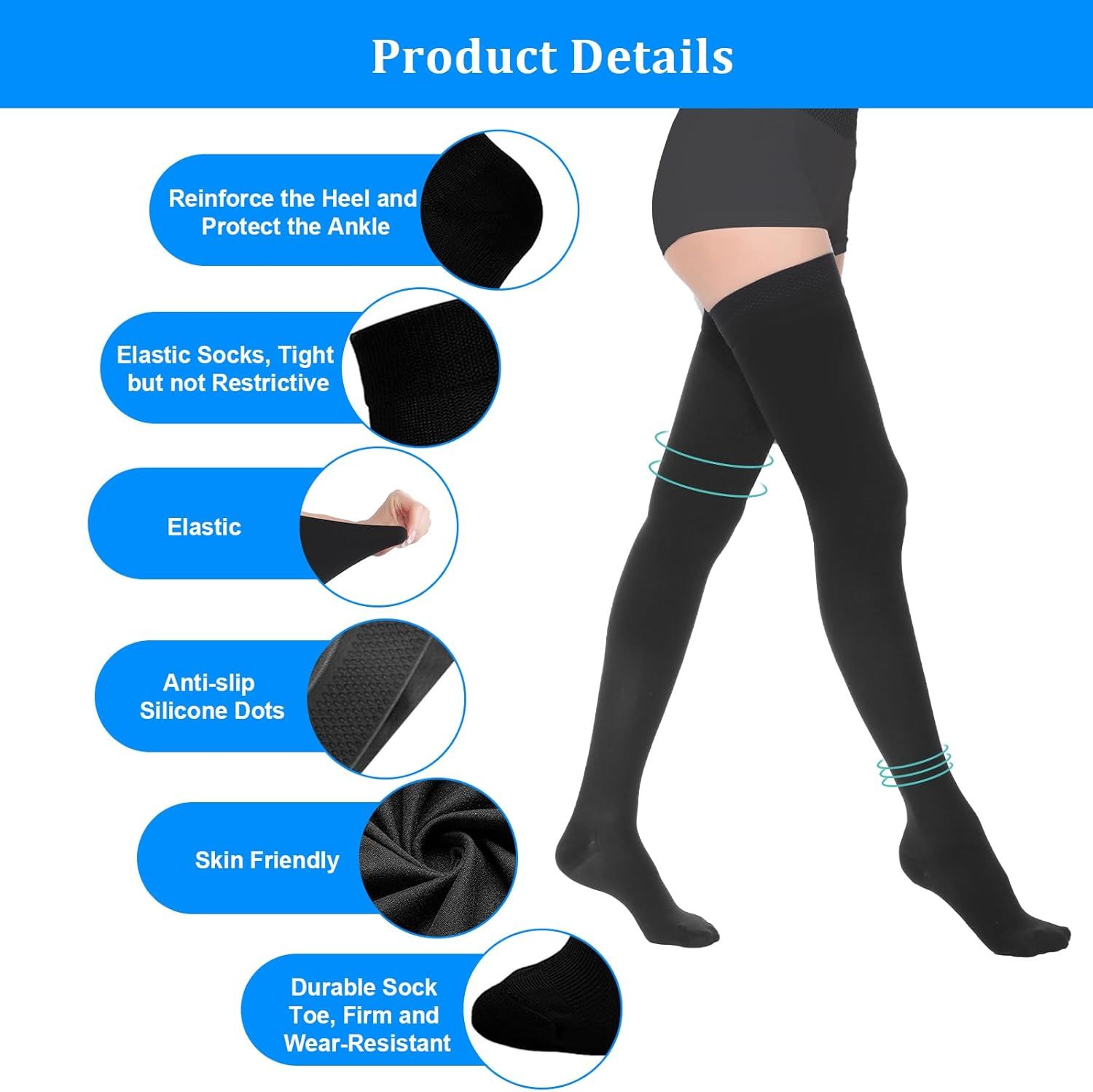 Thigh High Compression Stockings for Women Men 23-32 mmHg Closed Toe, Level 2 Support for Varicose Veins Edema, Breathable Cotton Spandex with Silicone Dotted Bands - Image 3