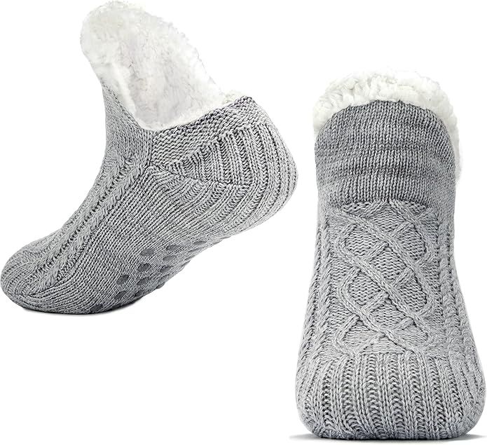 Gray Warm Non-Slip Knitted Thick Lined Cozy Winter Slippers for Women and Men, One Size Fits Most with Silicone Grips, Perfect for Home and Indoor Use - Image 1