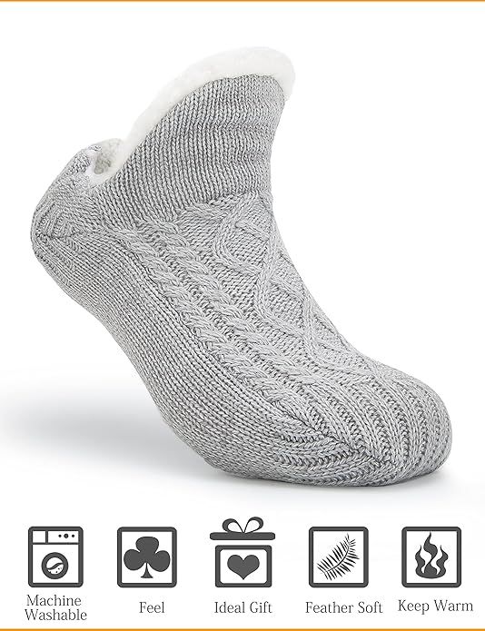 Gray Warm Non-Slip Knitted Thick Lined Cozy Winter Slippers for Women and Men, One Size Fits Most with Silicone Grips, Perfect for Home and Indoor Use - Image 2