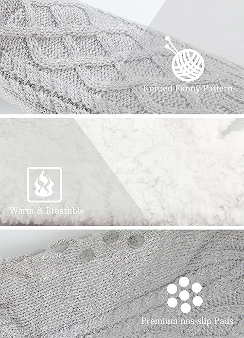 Gray Warm Non-Slip Knitted Thick Lined Cozy Winter Slippers for Women and Men, One Size Fits Most with Silicone Grips, Perfect for Home and Indoor Use - Image 3