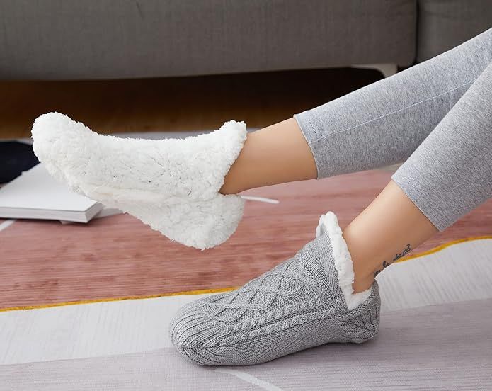 Gray Warm Non-Slip Knitted Thick Lined Cozy Winter Slippers for Women and Men, One Size Fits Most with Silicone Grips, Perfect for Home and Indoor Use - Image 4