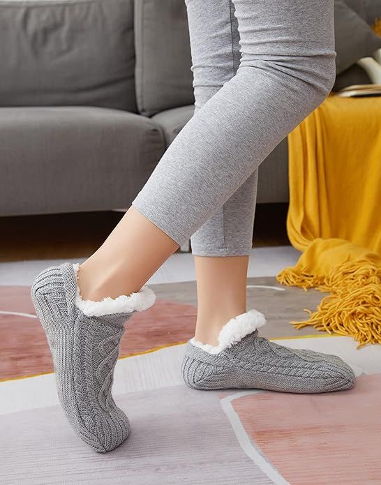 Gray Warm Non-Slip Knitted Thick Lined Cozy Winter Slippers for Women and Men, One Size Fits Most with Silicone Grips, Perfect for Home and Indoor Use - Image 5