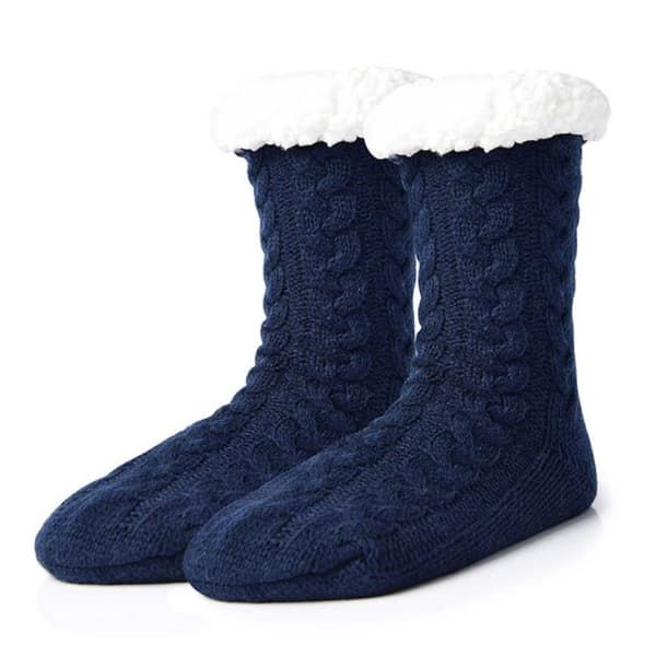 Blue Furry Warm Knitted Slipper Socks with Non-Slip Sole, Ultra-Soft Fleece Lining Cable Knit Design, One Size Fits Most EU 35-43 for Cozy Indoor Wear - Image 1