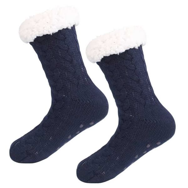 Blue Furry Warm Knitted Slipper Socks with Non-Slip Sole, Ultra-Soft Fleece Lining Cable Knit Design, One Size Fits Most EU 35-43 for Cozy Indoor Wear - Image 2