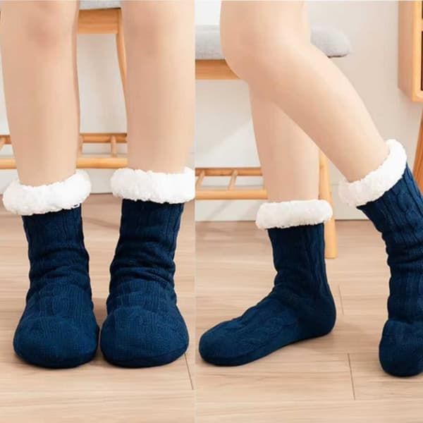 Blue Furry Warm Knitted Slipper Socks with Non-Slip Sole, Ultra-Soft Fleece Lining Cable Knit Design, One Size Fits Most EU 35-43 for Cozy Indoor Wear - Image 3
