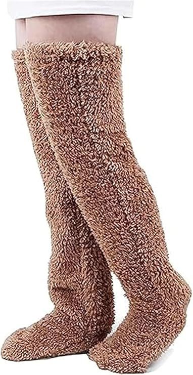 Brown Over Knee High Fuzzy Plush Teddy Slipper Socks for Women, Open Toe Non-Slip Design, Extra Long 55 cm for Warmth Indoors and Outdoors - Image 1