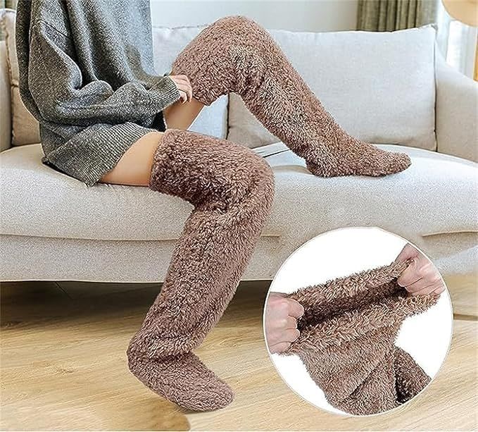 Brown Over Knee High Fuzzy Plush Teddy Slipper Socks for Women, Open Toe Non-Slip Design, Extra Long 55 cm for Warmth Indoors and Outdoors - Image 2
