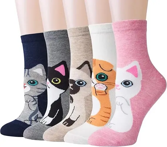 Women's Cute Animal Socks Pack 5 Pairs, Cat Dog Owl Designs in Bright Colors, Soft Breathable Cotton Blend for UK 6-8, Perfect Fun Gift for Christmas - Image 1
