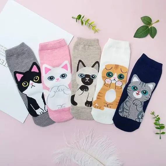 Women's Cute Animal Socks Pack 5 Pairs, Cat Dog Owl Designs in Bright Colors, Soft Breathable Cotton Blend for UK 6-8, Perfect Fun Gift for Christmas - Image 2