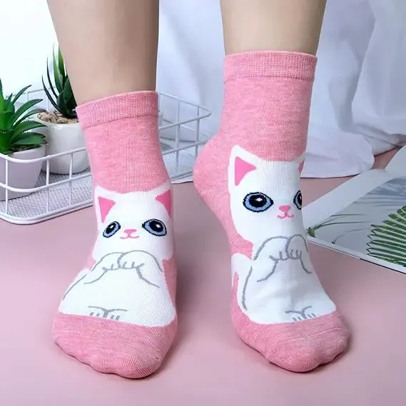 Women's Cute Animal Socks Pack 5 Pairs, Cat Dog Owl Designs in Bright Colors, Soft Breathable Cotton Blend for UK 6-8, Perfect Fun Gift for Christmas - Image 4