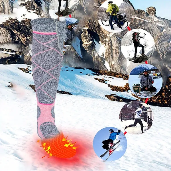 Pink USB Rechargeable Electric Heated Socks for Winter Skiing, Full Foot Heating with Carbon Fiber Wire, Machine Washable with Battery Pocket for Cold Weather - Image 2