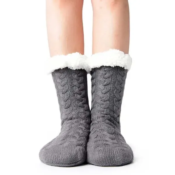 Grey Furry Warm Knitted Slipper Socks with Non-Slip Sole, Ultra-Soft Fleece Lining Cable Knit Design, One Size Fits Most EU 35-43 for Indoor Comfort - Image 1