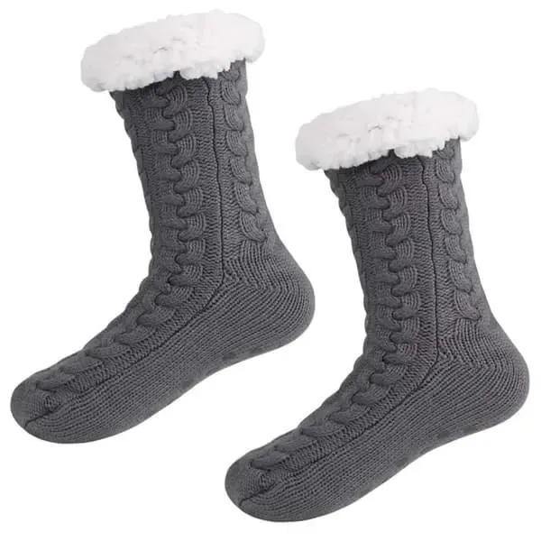 Grey Furry Warm Knitted Slipper Socks with Non-Slip Sole, Ultra-Soft Fleece Lining Cable Knit Design, One Size Fits Most EU 35-43 for Indoor Comfort - Image 2