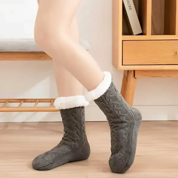 Grey Furry Warm Knitted Slipper Socks with Non-Slip Sole, Ultra-Soft Fleece Lining Cable Knit Design, One Size Fits Most EU 35-43 for Indoor Comfort - Image 4