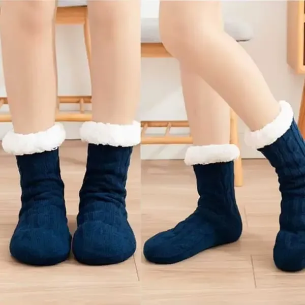 Blue Furry Warm Knitted Slipper Socks with Non-Slip Sole, Ultra-Soft Fleece Lining Cable Knit Design, One Size Fits Most EU 35-43 for Home and Office Use - Image 2