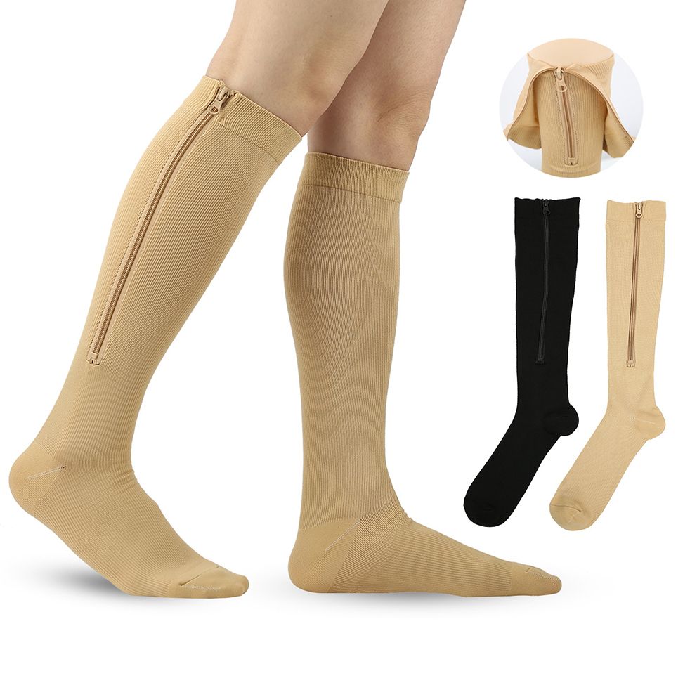 Skin Color Zipper Compression Socks 2 Pairs for Men Women, Easy On-Off Medical Stocking with Skin Protection Zipper, Closed Toe S/M for Varicose Veins - Image 1