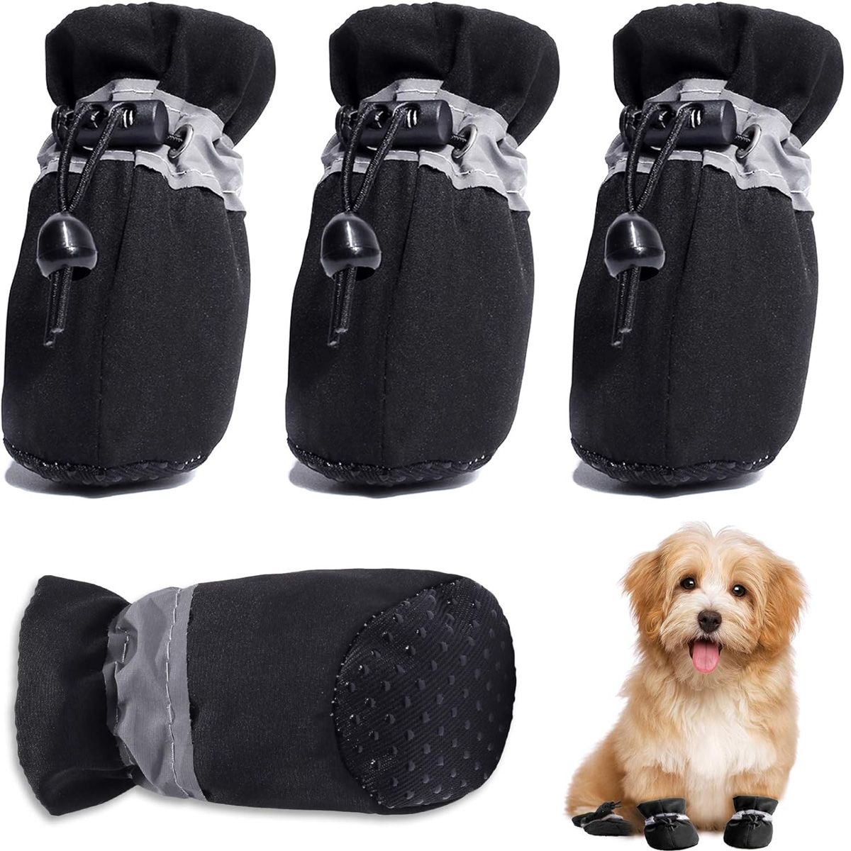 Black Dog Boots Paw Protectors with Reflective Straps, Non-Slip Nylon Cotton Shoes 4 Pieces for Small Medium Dogs, Adjustable Sizes 4-7 for Outdoor Walking - Image 1
