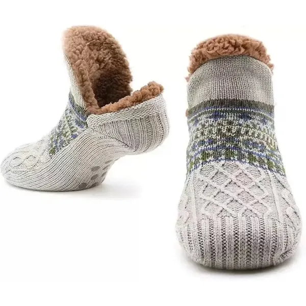 Gray Warm Cozy Fleece Socks with Anti-Slip Sole, Indoor Slipper Socks for Men and Women, Breathable Cotton Blend Size 43-45 for Cold Weather Comfort - Image 1