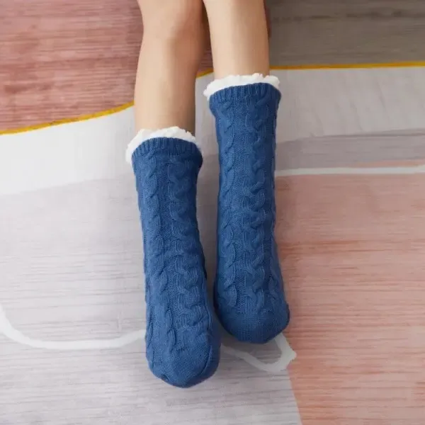 Blue Warm Knitted Non-Slip Thick Winter Socks with Cozy Inner Lining, One Size Fits Most, Breathable Cotton Blend for Indoor Home Office Use - Image 1