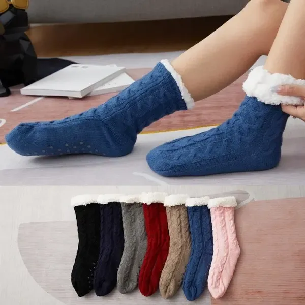 Blue Warm Knitted Non-Slip Thick Winter Socks with Cozy Inner Lining, One Size Fits Most, Breathable Cotton Blend for Indoor Home Office Use - Image 2