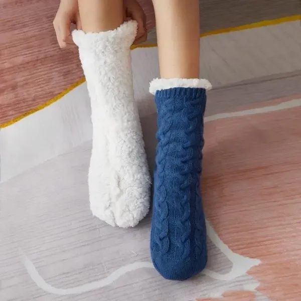 Blue Warm Knitted Non-Slip Thick Winter Socks with Cozy Inner Lining, One Size Fits Most, Breathable Cotton Blend for Indoor Home Office Use - Image 3