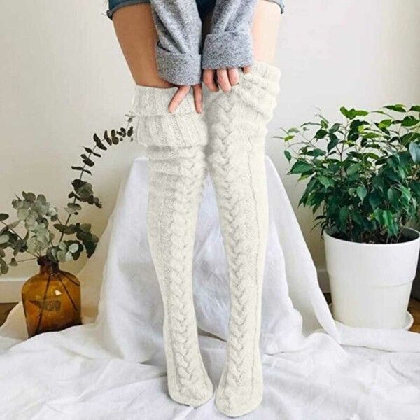 White Warm Knitted Knee High and Thigh High Socks, Super Soft Wool Blend 75 cm Length, Machine Washable Perfect for Autumn Winter with Skirts and Dresses - Image 2