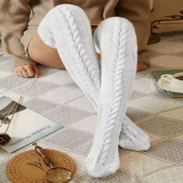 White Warm Knitted Knee High and Thigh High Socks, Super Soft Wool Blend 75 cm Length, Machine Washable Perfect for Autumn Winter with Skirts and Dresses - Image 3