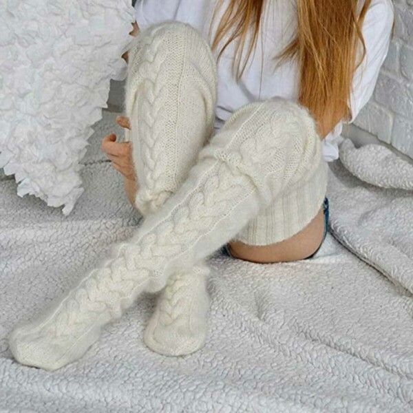 White Warm Knitted Knee High and Thigh High Socks, Super Soft Wool Blend 75 cm Length, Machine Washable Perfect for Autumn Winter with Skirts and Dresses - Image 4
