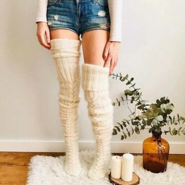 White Warm Knitted Knee High and Thigh High Socks, Super Soft Wool Blend 75 cm Length, Machine Washable Perfect for Autumn Winter with Skirts and Dresses - Image 5