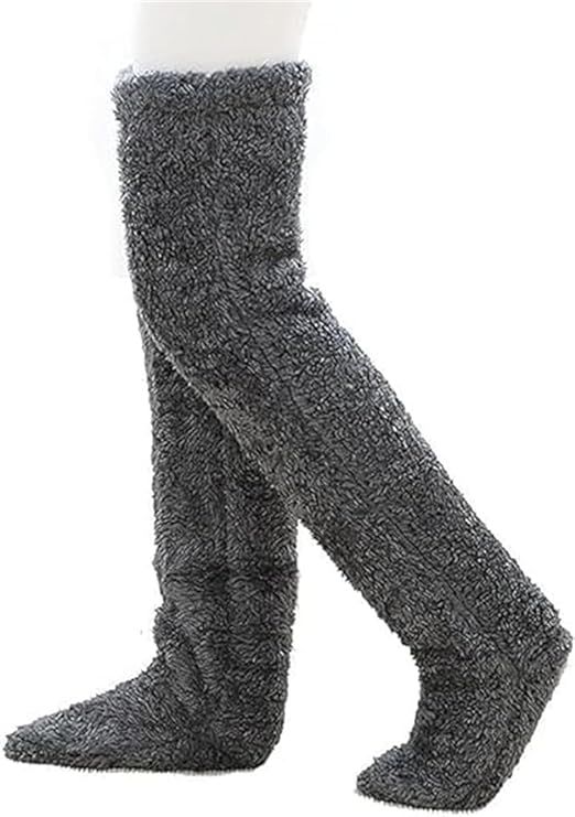 Navy Grey Over Knee High Fuzzy Plush Teddy Slipper Socks for Women, Open Toe Non-Slip Extra Long 55 cm for Warmth Indoors Outdoors, Perfect Gift for Christmas - Image 1