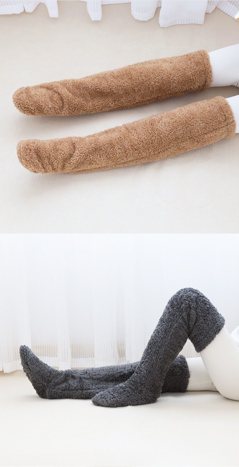 Navy Grey Over Knee High Fuzzy Plush Teddy Slipper Socks for Women, Open Toe Non-Slip Extra Long 55 cm for Warmth Indoors Outdoors, Perfect Gift for Christmas - Image 2