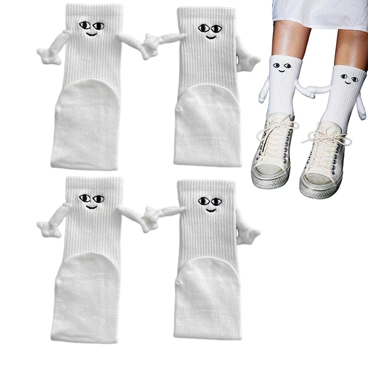 White and Black Magnetic Couple Socks 2 Pairs, Cute Hand-Holding Design with Magnets, Soft Breathable Cotton for Fun Gifts and Party Favors - Image 1