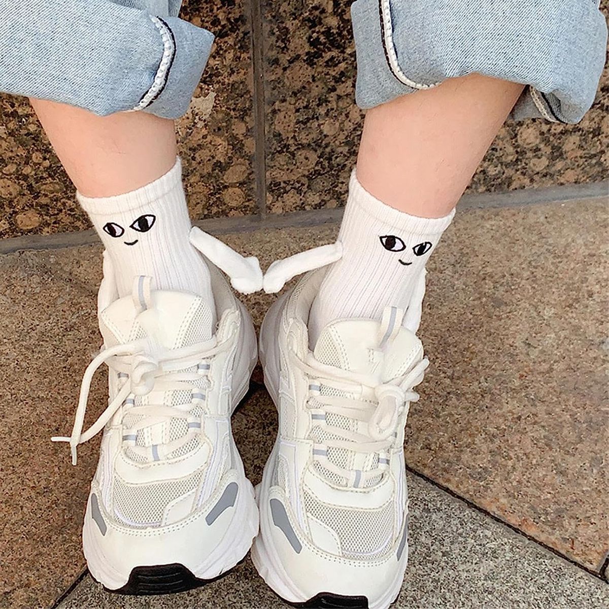 White and Black Magnetic Couple Socks 2 Pairs, Cute Hand-Holding Design with Magnets, Soft Breathable Cotton for Fun Gifts and Party Favors - Image 5