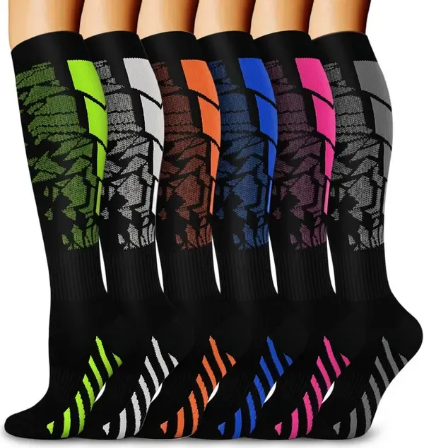 Unisex Knee-High Compression Socks 6 Pairs for Running Sports Travel Flying Cycling, 360-Degree Stretch Breathable S/M with Upgraded Nylon for Muscle Support - Image 1