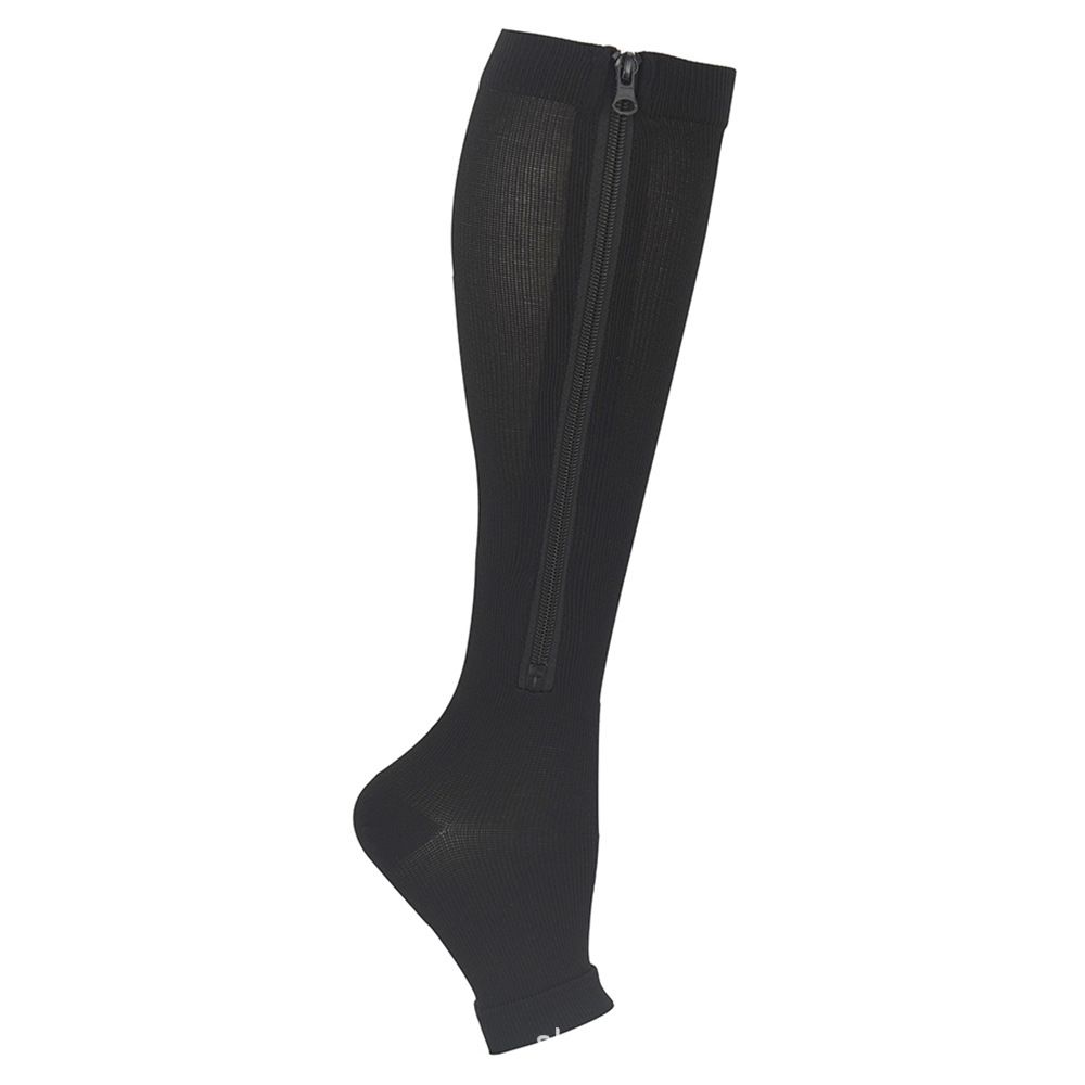 Black Zipper Compression Sports Socks 1 Pair, Elastic Ven Design for Running Football, Graduated Compression with Side Zipper for Easy On-Off and Muscle Support - Image 1