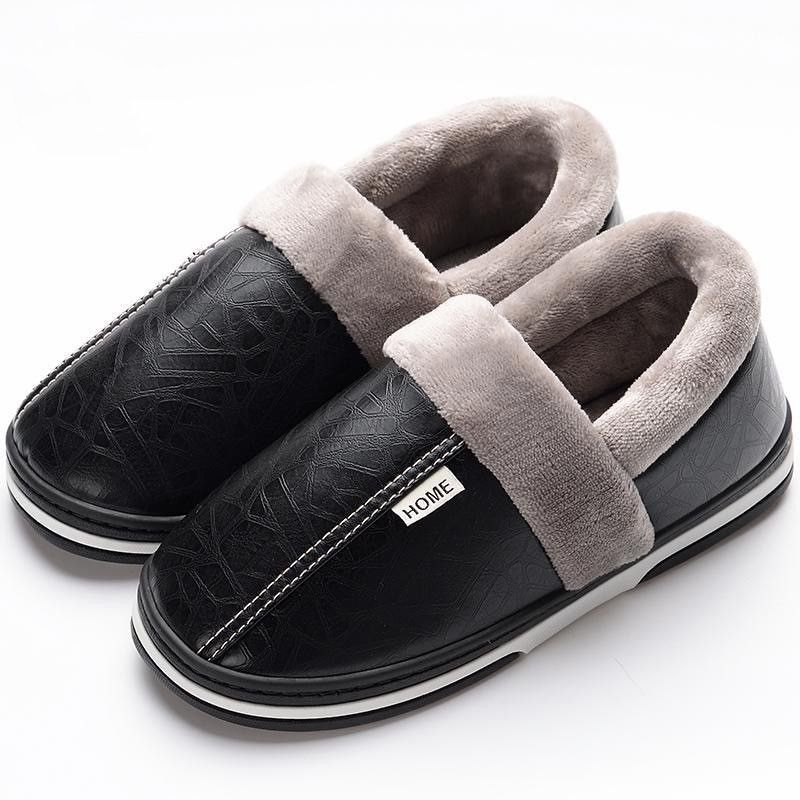Black Faux Fur Warm Waterproof Indoor Flat Slippers for Men, Non-Slip Rubber Sole, Size 50-51 for Large Feet, Cozy Bedroom Shoes for Winter - Image 1