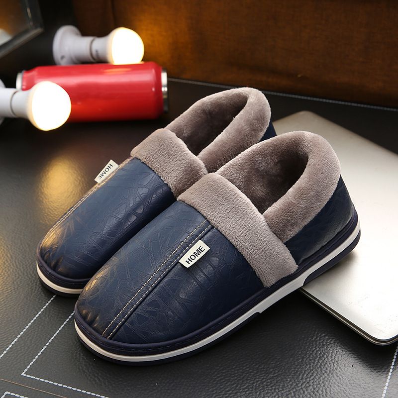 Black Faux Fur Warm Waterproof Indoor Flat Slippers for Men, Non-Slip Rubber Sole, Size 50-51 for Large Feet, Cozy Bedroom Shoes for Winter - Image 3