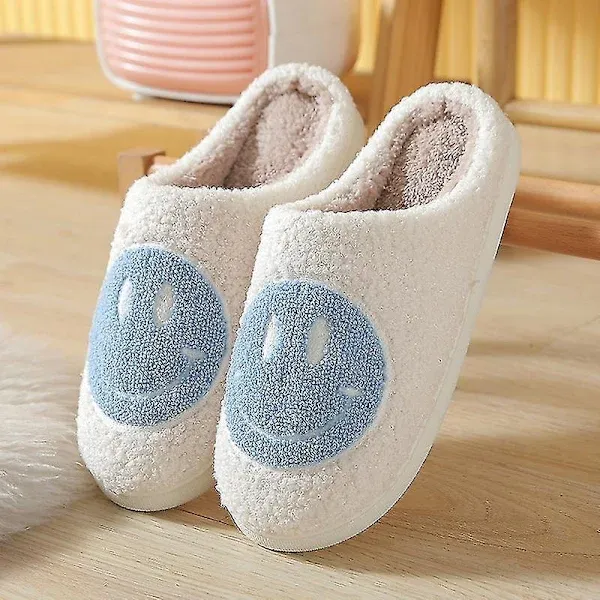 Blue Smiley Face Slippers for Women, Cute Emoji Design with Non-Slip TPR Rubber Sole, Soft Faux Fur Thick Fleece Lining for Warmth Size 38-39 - Image 1