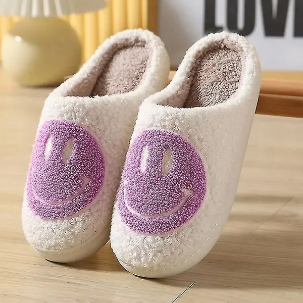 Purple Smiley Face Slippers for Women, Cute Emoji Design with Non-Slip TPR Rubber Sole, Soft Faux Fur Thick Fleece Lining for Cozy Warmth Size 42-43 - Image 1