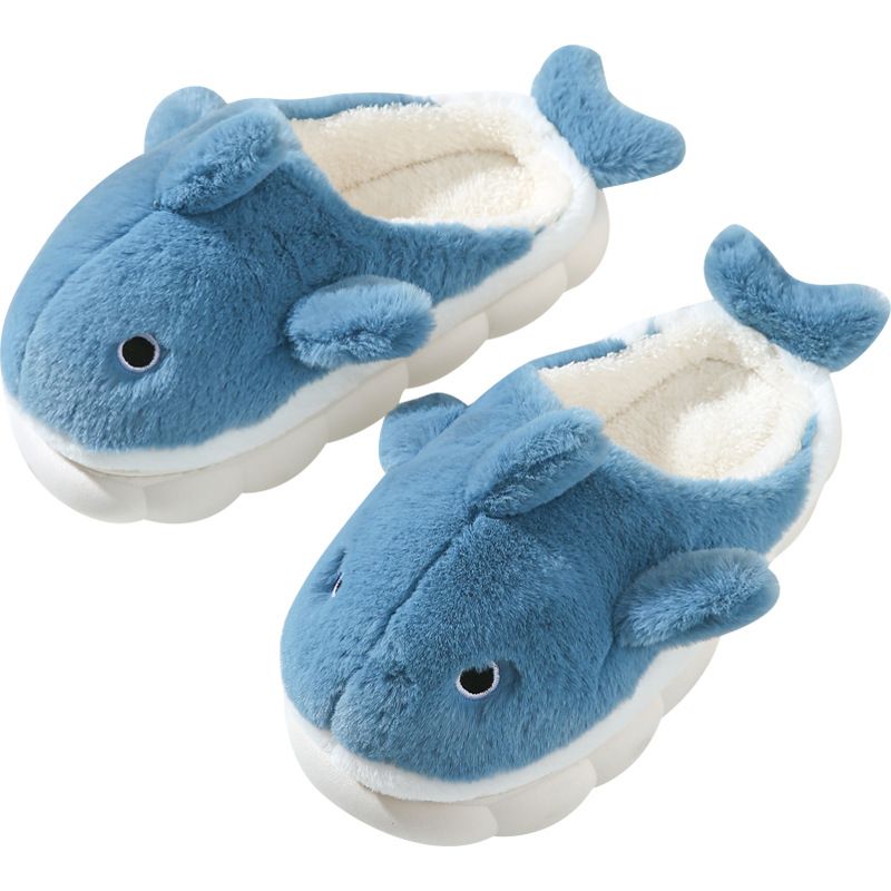 Blue Cartoon Shark Plush Slippers for Men Women, Winter Indoor Warm Cotton Slippers with Soft Comfortable Thick Soles, Non-Slip Durable PVC Size 42-43 - Image 1